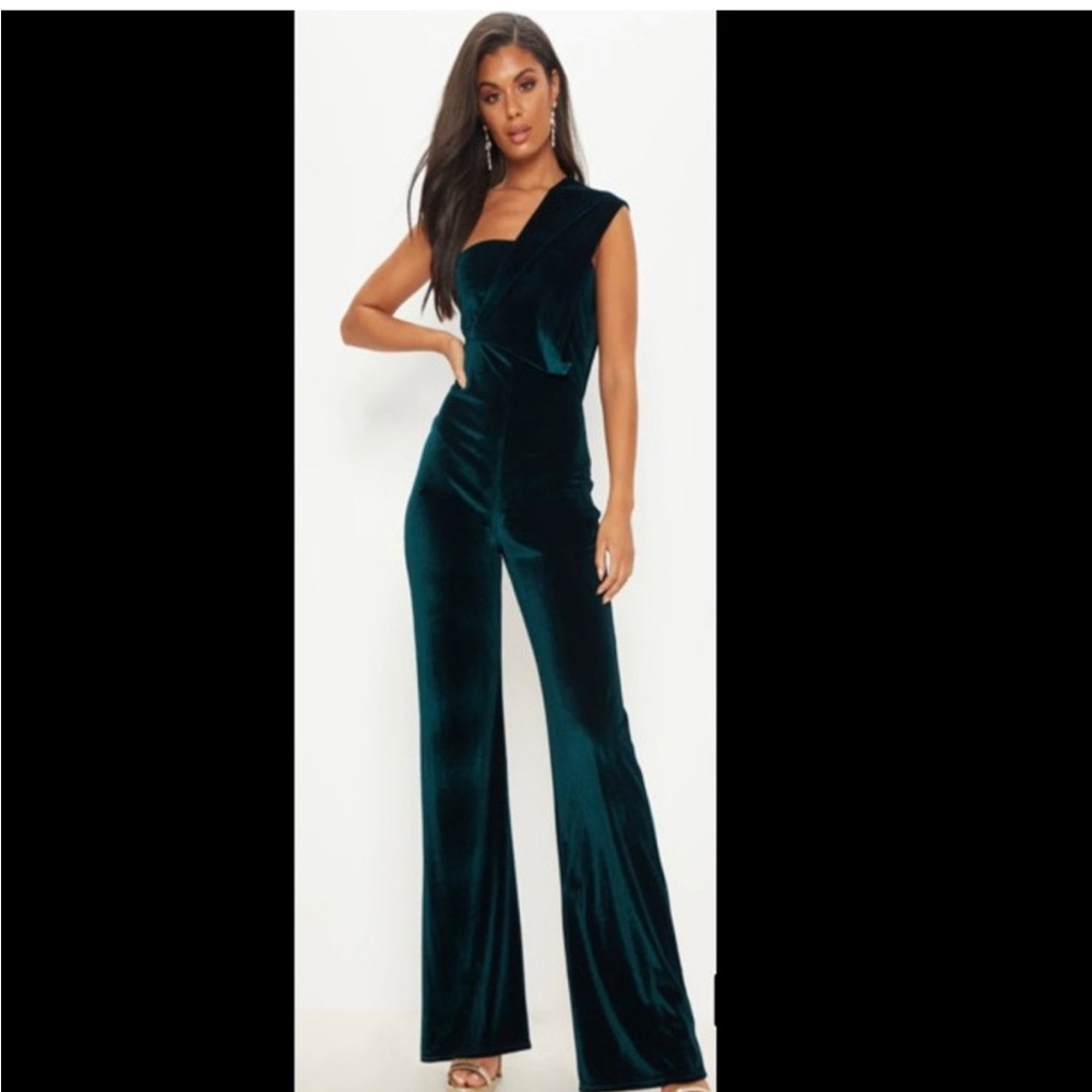 PrettyLittleThing Teal Velvet Jumpsuit